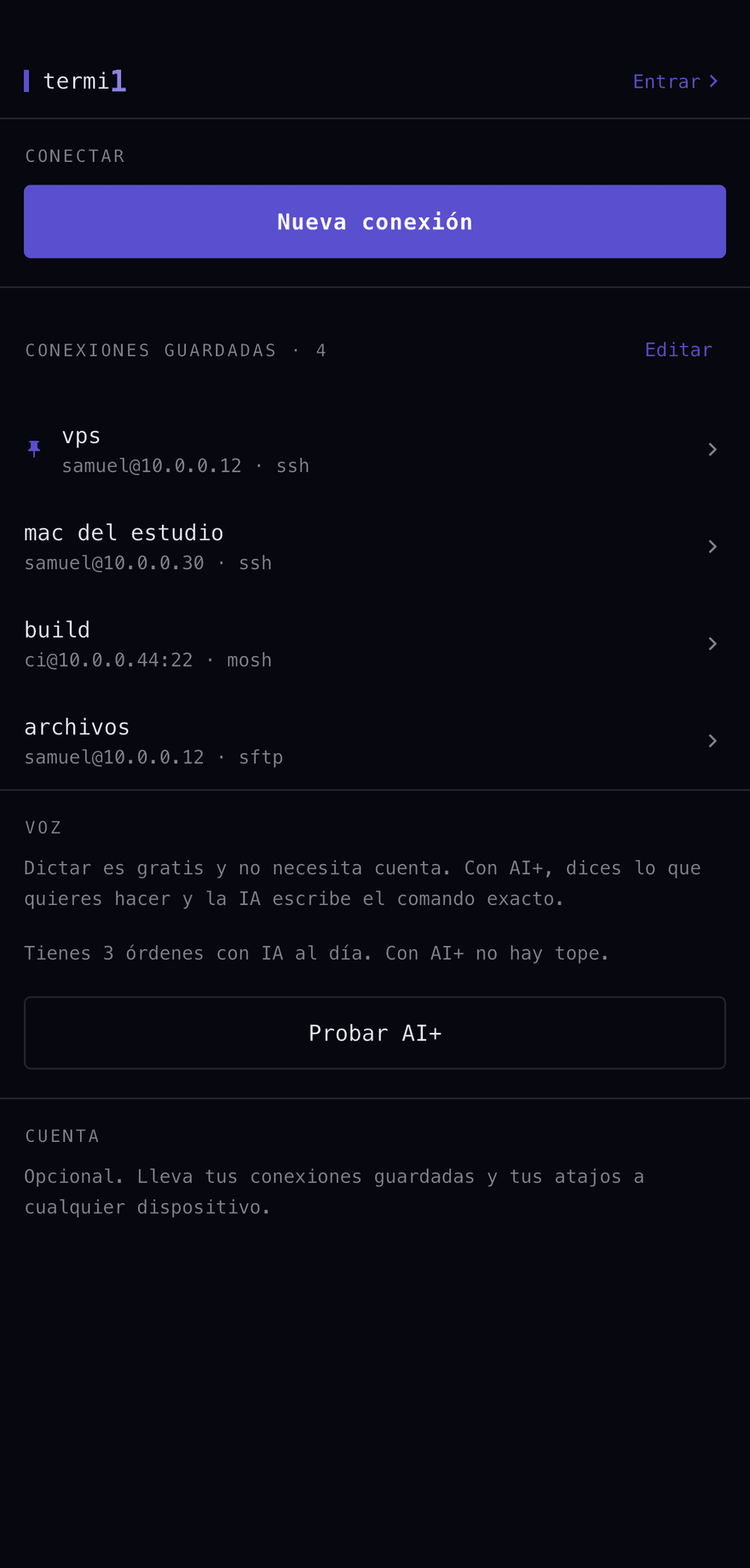 Pantalla de inicio de termi1 con conexiones guardadas