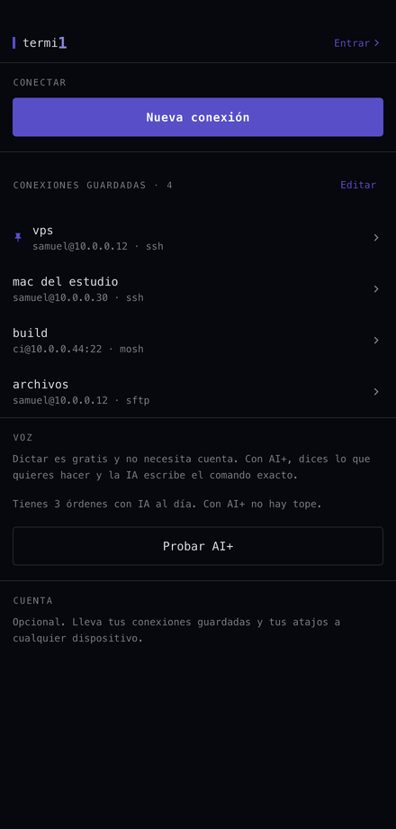 Pantalla de inicio de termi1 con conexiones guardadas