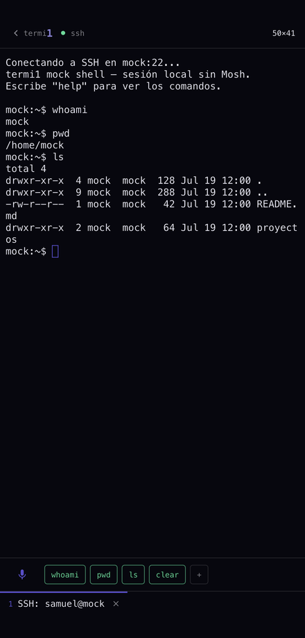 Sesión de terminal SSH en termi1 con colores y teclas de control